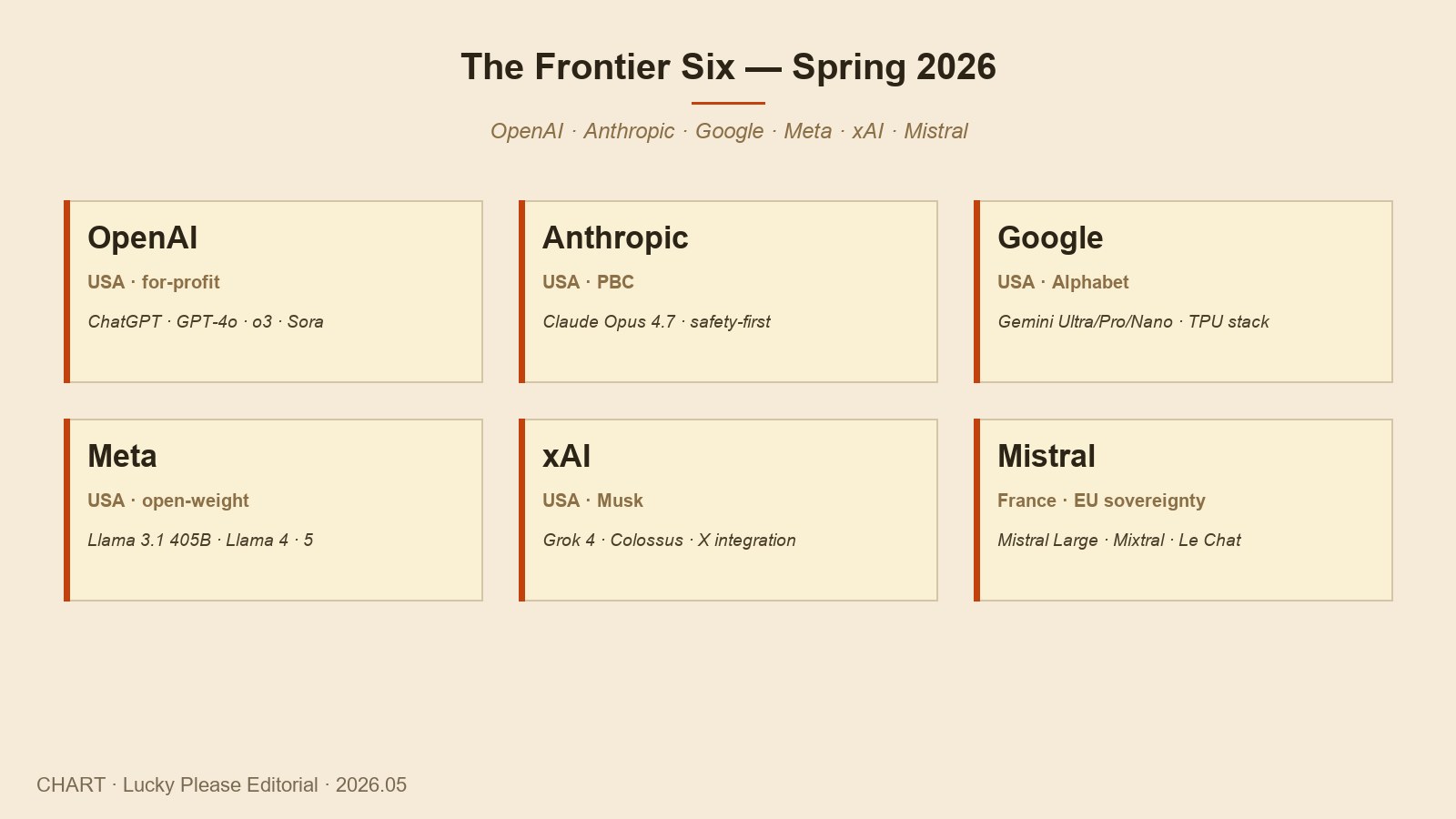 2026년 봄 AI 모델 시장의 풍경 — 6개 frontier 회사와 그 뒤의 후보들