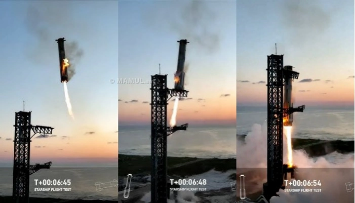 The moment Mechazilla catches the Super Heavy booster, IFT-5, 2024.10.13